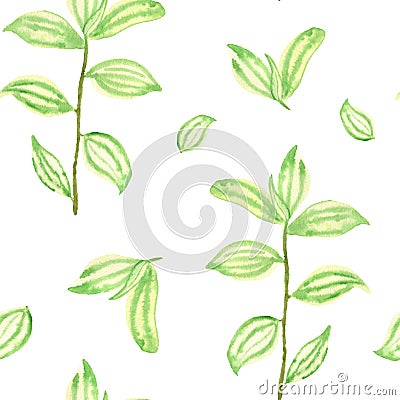 Green branches. Watercolor seamless pattern with tree branches. Spring design for notebooks, stationery and textiles. Stock Photo