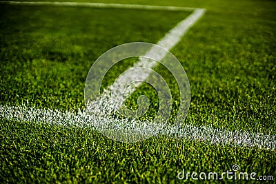 Green bright colorful grass pitch of football stafium, close up with beautiful bokeh Stock Photo