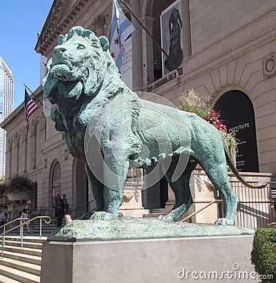 Green Bronze Lion Statue downtown Chicago art institute Editorial Stock Photo