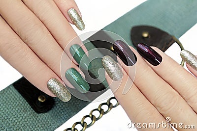 Green brown manicure. Stock Photo