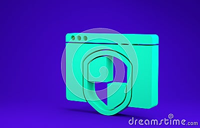 Green Browser with shield icon isolated on blue background. Security, safety, protection, privacy concept. 3d Cartoon Illustration