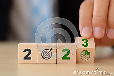 2023 Green business, enviromental sustainability target. Stock Photo