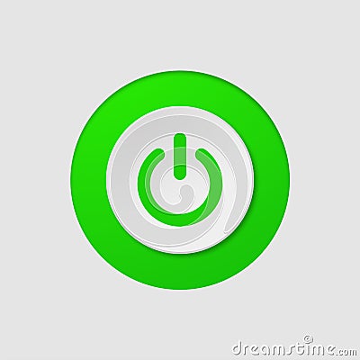 Green button off on with shadows on grey background in realistic style. Green power button element for websites and application Vector Illustration