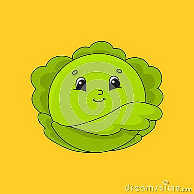 Green cabbage. Cute character. Colorful vector illustration. Cartoon style. Isolated on white background. Design element. Template Vector Illustration