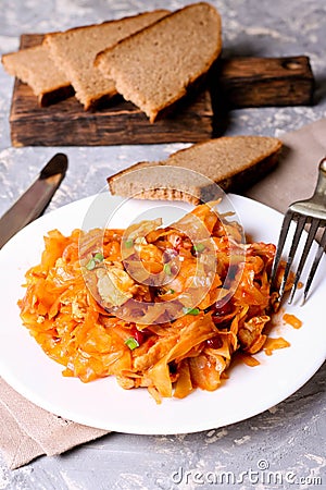 Green Cabbage Sauteed with Beef, Onions, and Herbs Stock Photo