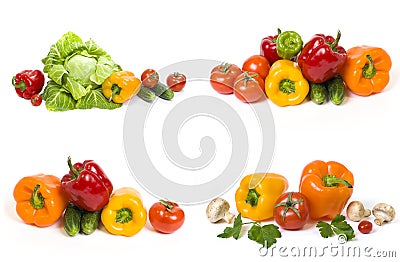 Green cabbage. Yellow pepper. Red tomatoes and cucumbers on a white background. Composition from different vegetables on a white b Stock Photo