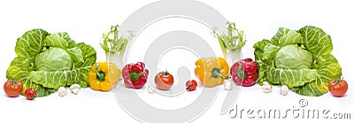 Panoramic view of a Green cabbage. Yellow pepper. Red tomatoes and cucumbers on a white background. Stock Photo