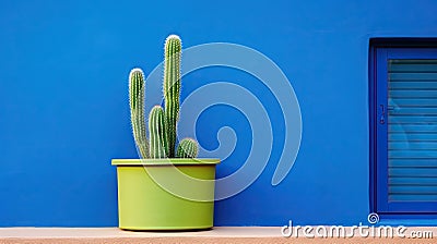 a green cactus in a green pot against a blue wall. generative ai Stock Photo