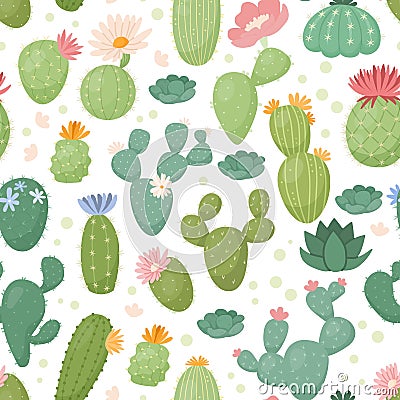 Green cactus pattern, different plants. Bright paper wrap paper design, cute summer print, cute succulents and flowers Vector Illustration