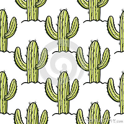 Green cactus in the soil seamless pattern. Hand drawn vector illustration. Flat cartoon style. Vector Illustration