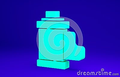 Green Camera vintage film roll cartridge icon isolated on blue background. 35mm film canister. Filmstrip photographer Cartoon Illustration