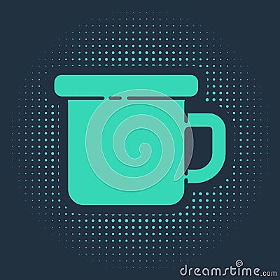 Green Camping metal mug icon isolated on blue background. Abstract circle random dots. Vector Vector Illustration