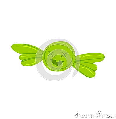 Green candy wrapped with a smiling face, having fun. Cartoon sweet with joyful expression. Playful candy character Vector Illustration