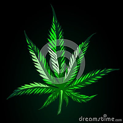 Green cannabis leaf on black background Cartoon Illustration