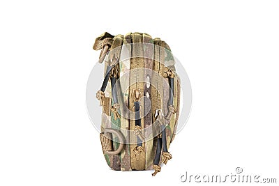 Green Canvas Backpack Isolated on White. Front View of Modern Waterproof Camping Traveler Back Pack Bag with Shoulder Stock Photo