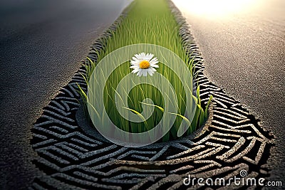 Green car tire track. Close up of the tread pattern of a car tire on a asphalt road, grass and flowers begin to grow in the tire Stock Photo