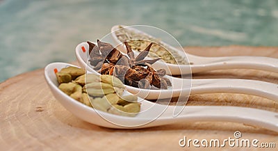 Green cardamom, star anise and fennel seeds in white ceramic spoon Stock Photo