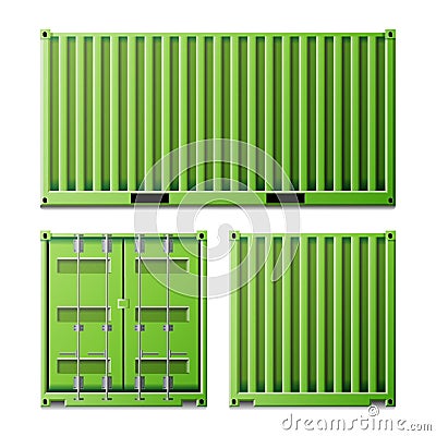 Green Cargo Container Vector. Freight Shipping Container Concept. Logistics, Transportation Mock Up. Front And Back Vector Illustration