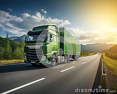 green cargo truck is traveling on the highway during the daytime. Cartoon Illustration