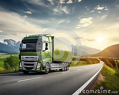 green cargo truck is traveling on the highway during the daytime. Cartoon Illustration