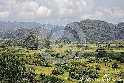 Green caribbean valley with small cuban houses and mogotes hills landscape panorama, Vinales, Pinar Del Rio, Cuba Stock Photo