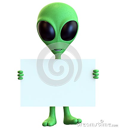 Green Cartoon Alien Holding Blank Sign Stock Photo