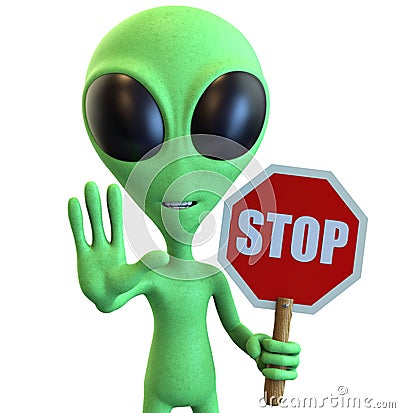 Green Cartoon Alien Holding Stop Sign Stock Photo