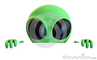 Green Cartoon Alien Peeking over a Blank Sign Stock Photo