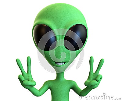 Green Cartoon Alien Showing Dual Peace Signs Stock Photo