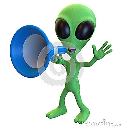 Green Cartoon Alien Yelling through a Megaphone Stock Photo