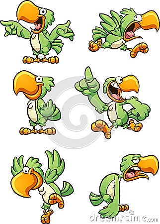 Green cartoon parrot with different expressions Vector Illustration