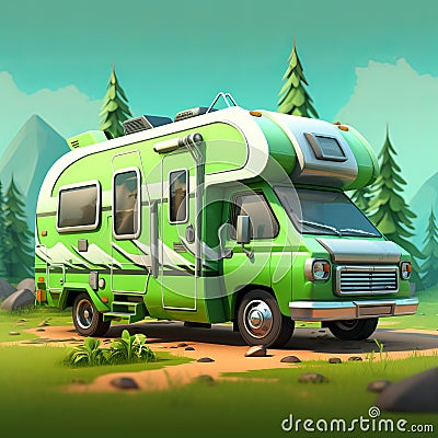 Green Cartoon Rv In Fortnite Style - 3d Cgi Art Stock Photo