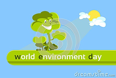 Green Cartoon Smiling Tree World Environment Day Banner Vector Illustration