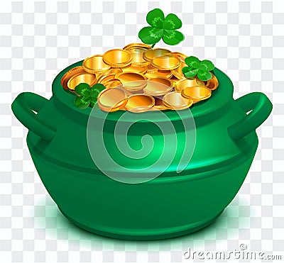 Green cauldron full of gold coin on transparent background. Clover four leaf symbol St. Patrick s Day Vector Illustration