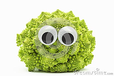 Green cauliflower with googly eyes on white background Stock Photo