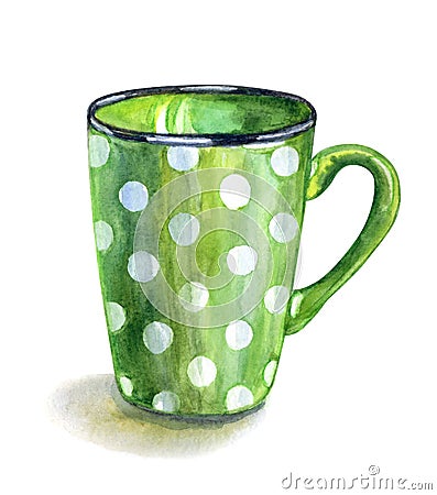 Green ceramic mug with polka dots, watercolor illustration on white background, isolated with clipping path Cartoon Illustration