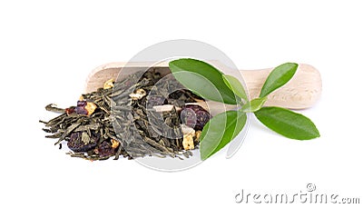 Green Ceylon tea with berries and fruits - apple, dog-rose, strawberry and cranberry, isolated on white background. Top Stock Photo