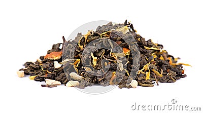 Green Ceylon tea with dry flowers and candied orange, isolated on white background. Close up. Stock Photo
