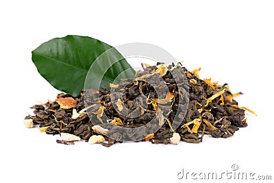 Green Ceylon tea with dry flowers and candied orange, isolated on white background. Close up. Stock Photo
