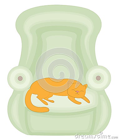 Green chair. Red cute cat sleeping on the couch. He is happy and loved. The chair is soft and comfortable. Vector illustration Cartoon Illustration