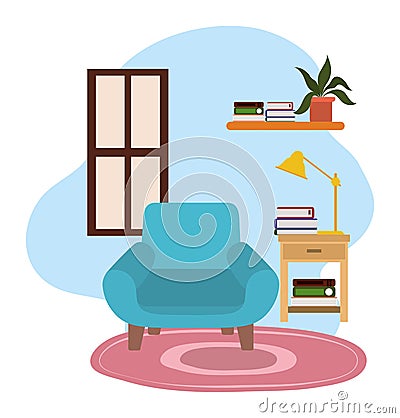 Green chair table lamp books shelf and plant Vector Illustration