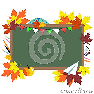 Green chalkboard, school supplies and autumn leaves. Vector Illustration