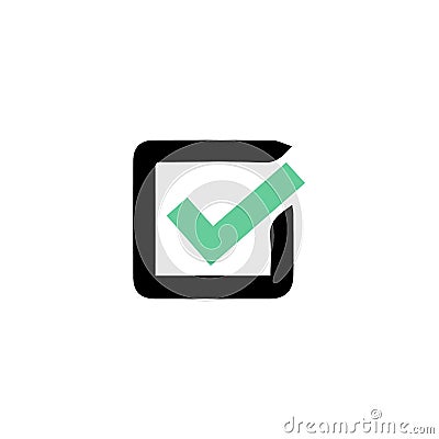 Green check mark icon in black square isolated on white background. Stock Photo