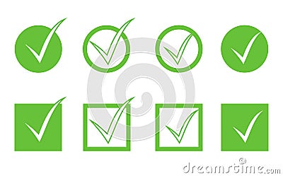 Green check mark icon set isolated on white background. Vector Illustration