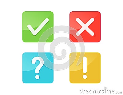 Green check mark and red cross button. Exclamation mark, Question mark icon isolated on white background. Vector illustration Vector Illustration