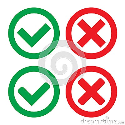 Green Check Mark and Red Cross in two variants square and rounded corners - Isolated Vector Illustration Vector Illustration