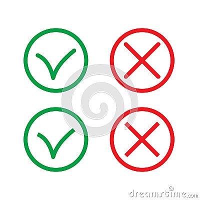 Green Check Mark and Red Cross in two variants square and rounded corners - thin line isolated vector illustration Cartoon Illustration