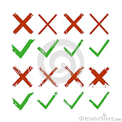 Green check, tick and red cross signs isolated on white background. Green checkmark OK and red X icons. Symbols YES and NO. Vector Vector Illustration