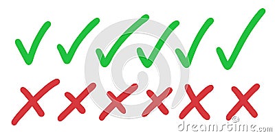 Green Checkmarks and Red Crosses Set Vector Illustration