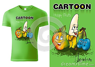 Green Child T-shirt Design with Cartoon Fruits Vector Illustration